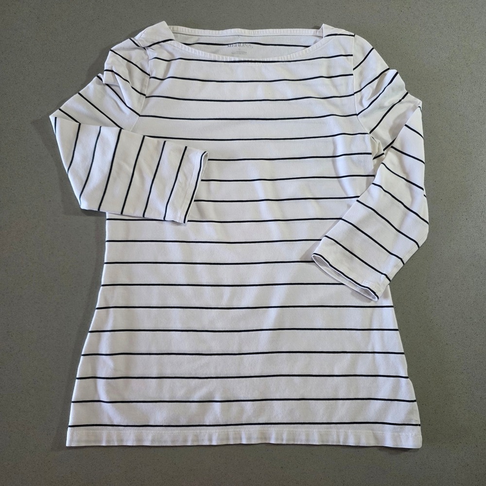 Merona Womens Boat Neck Striped 3/4 Sleeve Top White Navy Blue Size S